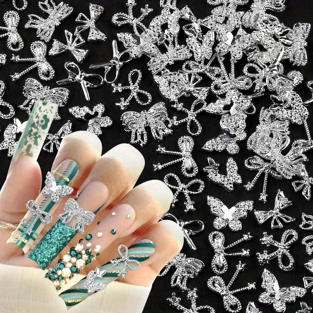 

50pcs 3d Silver Bow Butterfly Nail Charms, Luxury Metal Nail Art Rhinestones, Unscented Alloy Nail Jewels For Nail Design Supplies