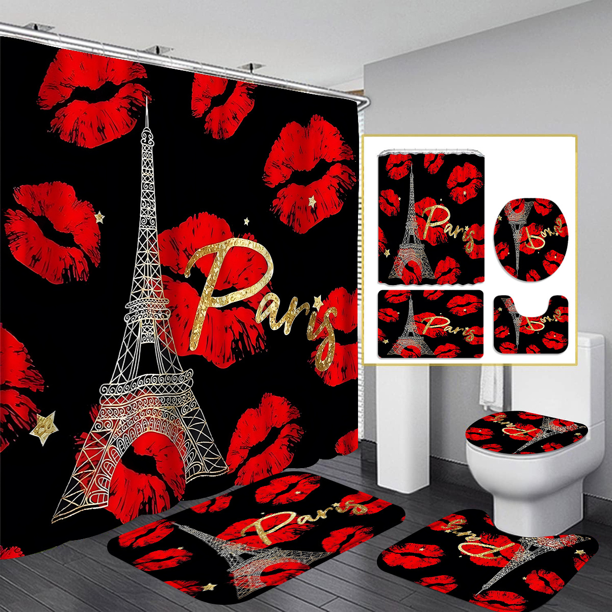 

1/4pcs Lips & Eiffel Tower Pattern Shower Curtain Set, Shower Curtain With 12 Hooks, Non-slip Bath Mat, U-shaped Toilet Mat, Toilet Mat, Bathroom Decor Accessories