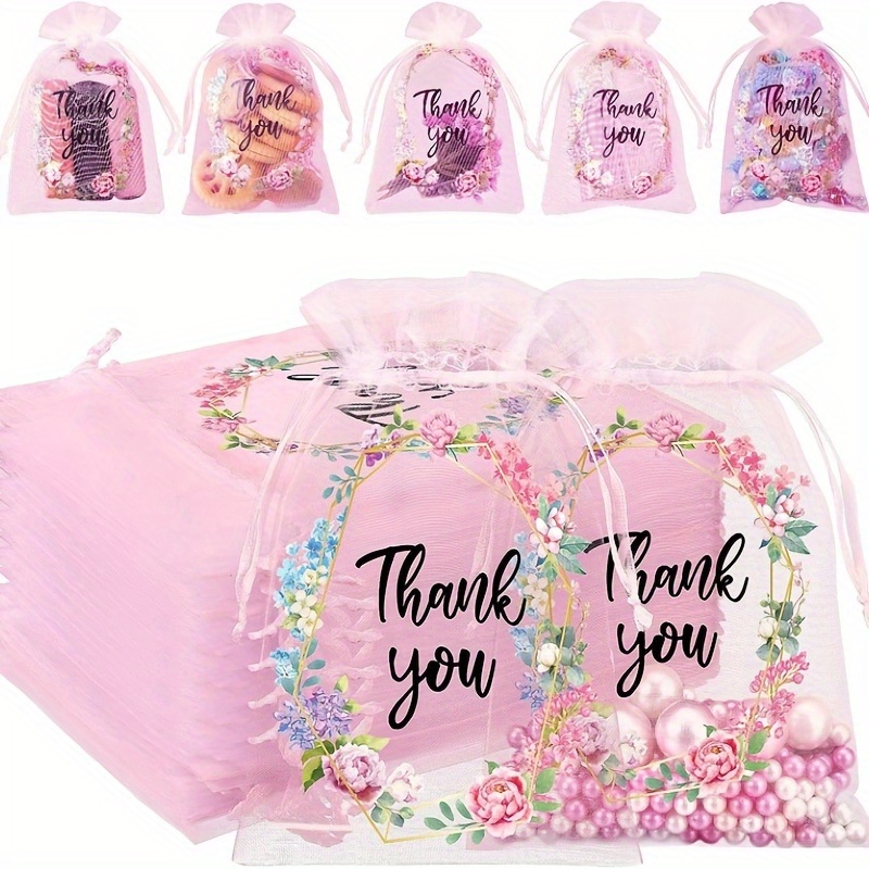 

20pcs & Floral Thank You Organza Gift Bags With Drawstring - Perfect For Wedding Favors, Jewelry, Candy, Makeup - Small Mesh Goody Bags For Party Supplies