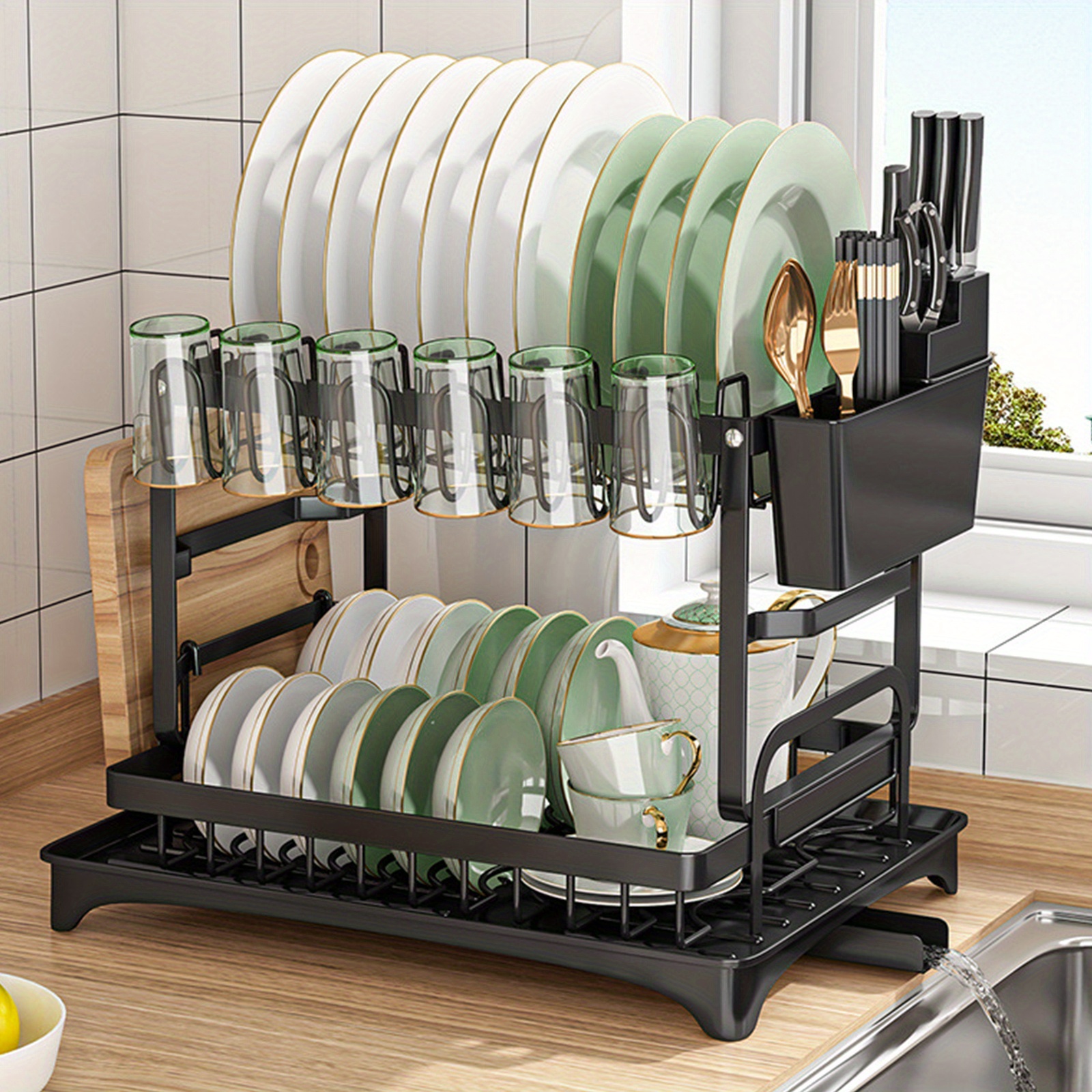 

Dish Drying Rack, Multifunctional Dish Rack, Rustproof Kitchen Dish Drying Rack With , Space-saving 2-tier Dish Drying Rack For Kitchen Counter Black