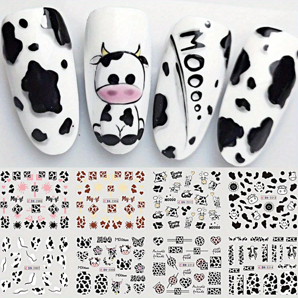 

Cow Pattern Nail Art Stickers - 1 Sheet With 12 Styles, Self-adhesive Plastic Decals With Glitter, Glossy Finish, Single Use, Cartoon Theme, Unscented, Irregular Shape - Black, White & Brown
