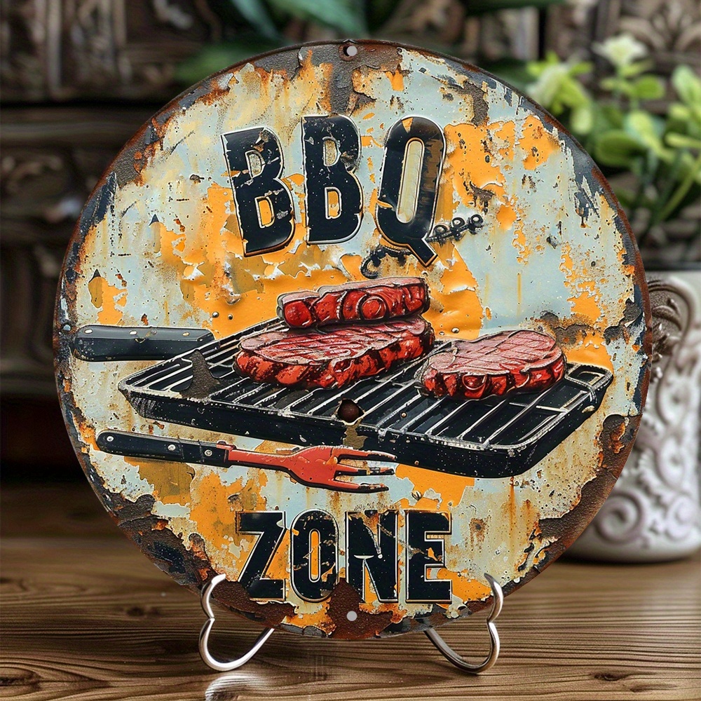 

1pc, 2d Flat Print, Retro Bbq Zone Themed Wreath Sign (8x8 Inch), Round Aluminum Metal Decor Sign, For Home, Cafe, Bar, Apartmen, Restaurant, Living Room Wall Decoration, Holiday Gift