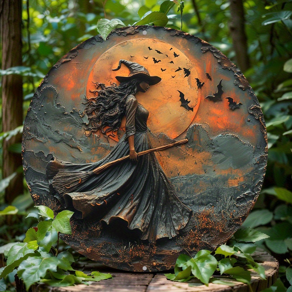 1pc 2d round aluminum flat sign 8x8 inch gothic witch themed decoration office room home door decorations holiday gifts wall art decor