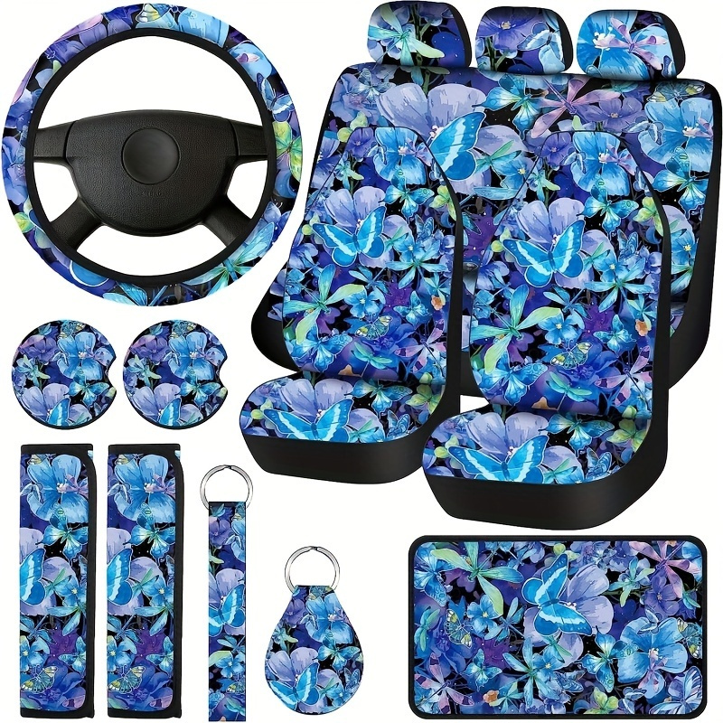 

15pcs Blue Flower Butterfly Car Seat Cover Full Set For Car Front Seat Cover Steering Wheel Cover Wrist With Coasters Armrests Shoulder Pads