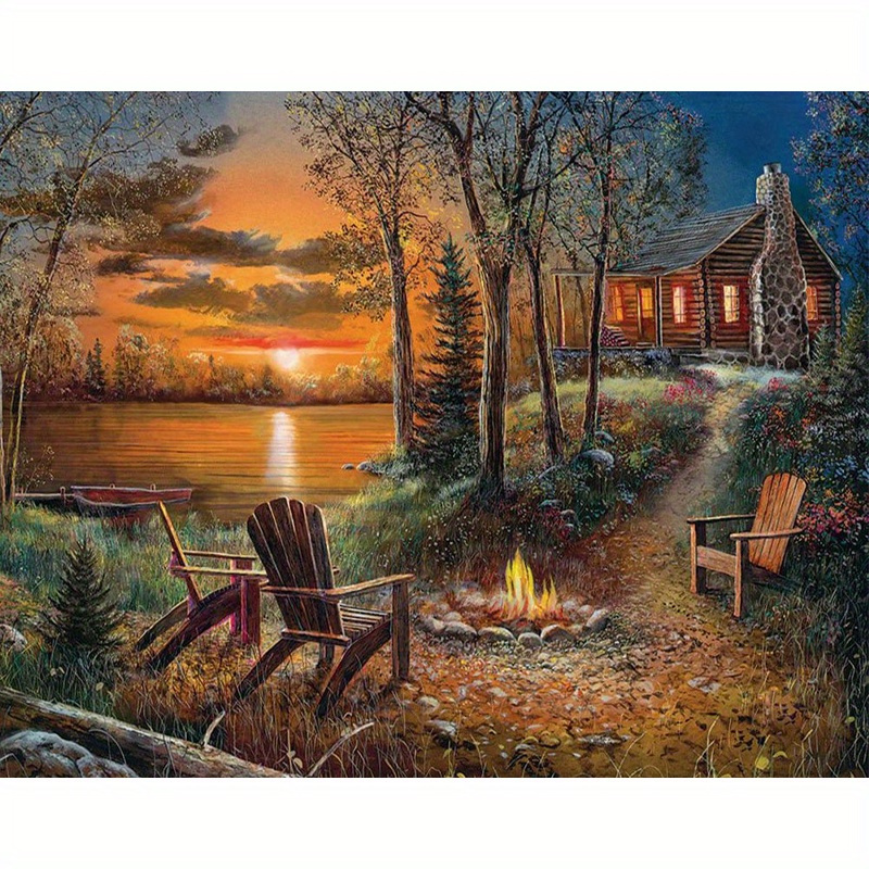 

11.8x15.7in 5d Diy Diamond Painting Kit - Lake & Cabin Sunset Scene | Autumn Embroidery Mosaic Art | Canvas For Home Decor