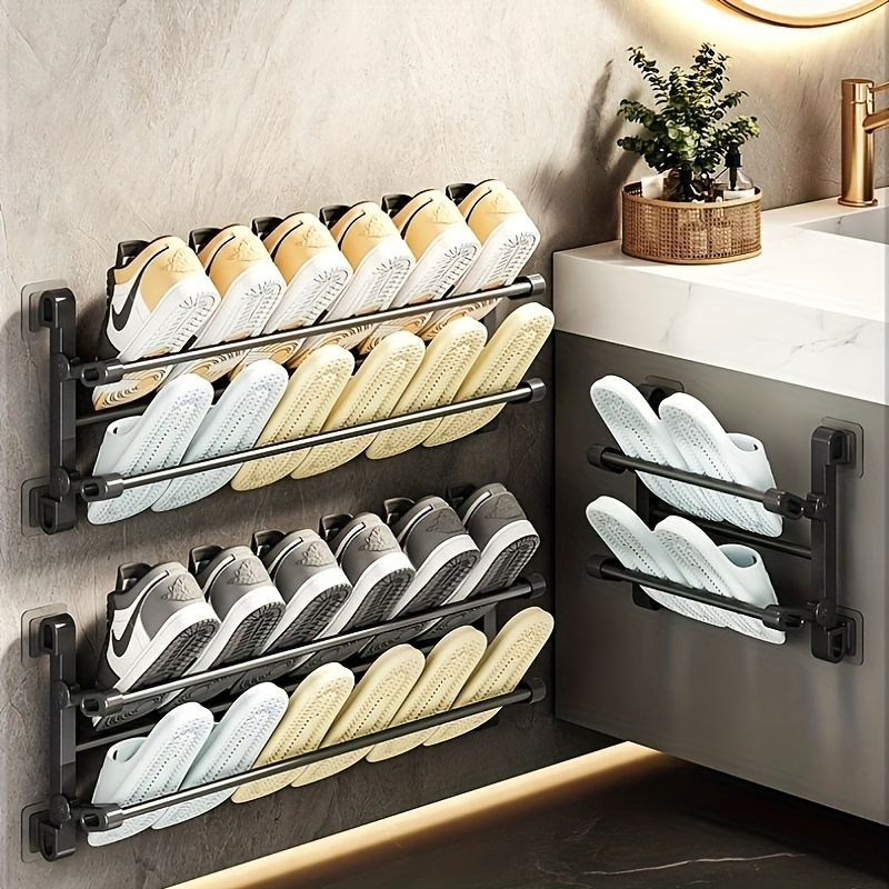 

1pc 4-tier Metal Shoe Rack, Wall-mounted No-drill Adhesive Organizer Rack, Collapsible Storage Shelf For Slippers, Sneakers, Bathroom & Entryway, Multifunctional Organizer, Home Bathroom Supplies