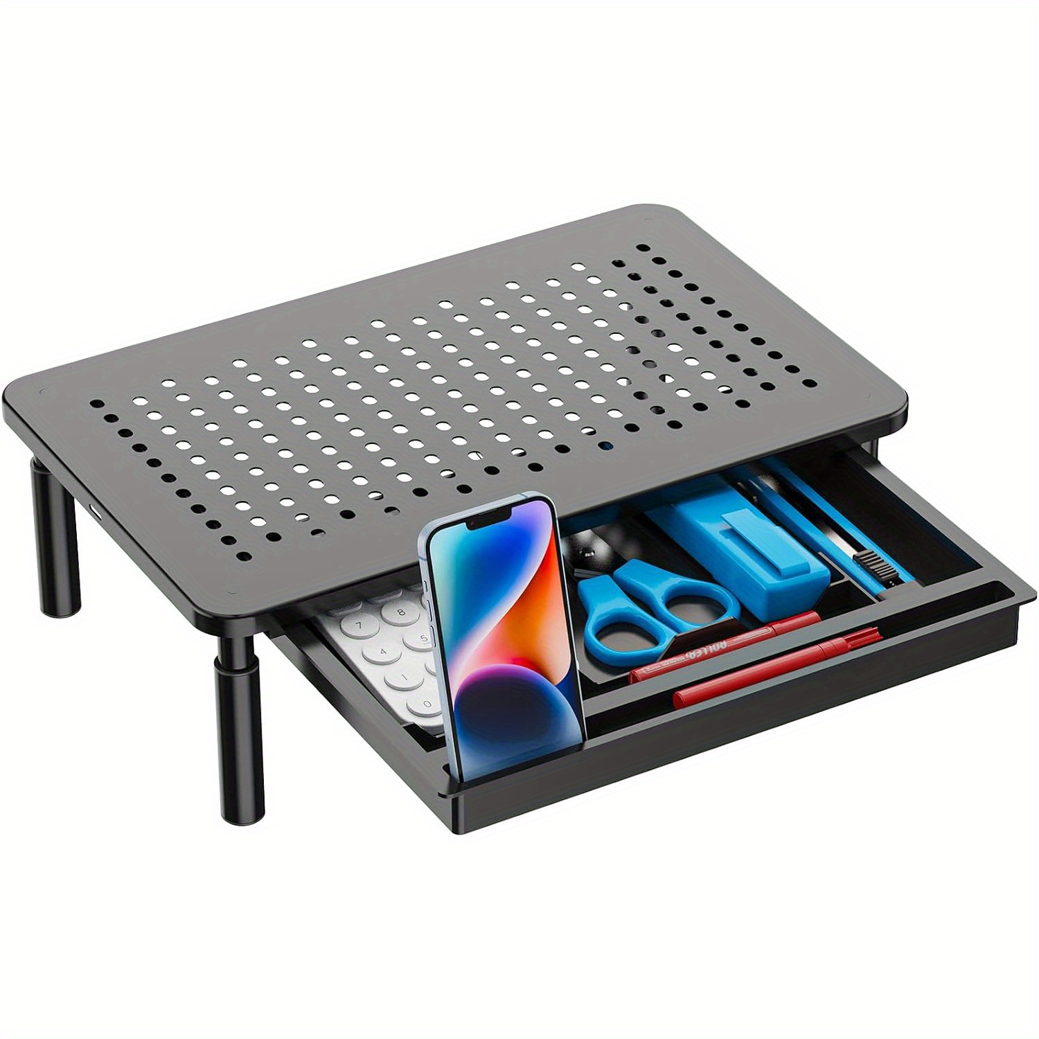 TEMU Adjustable Steel Monitor Stand With Storage Drawer And Phone Holder - For , Home, Or Organization