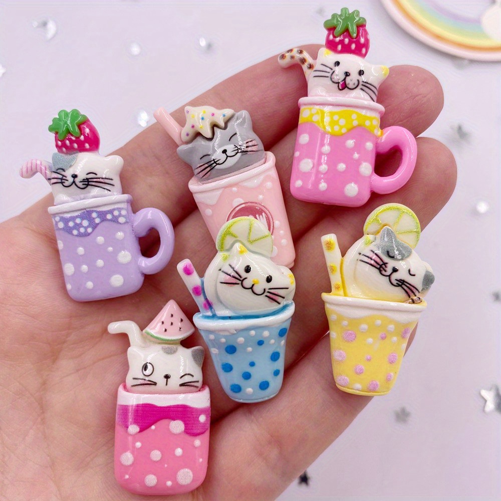 6pcs Mixed Resin Kawaii Colorful Cartoon Cat Drink Flat Back Stone Figurines Decor Crafts Additions Jewelry Making Supplies