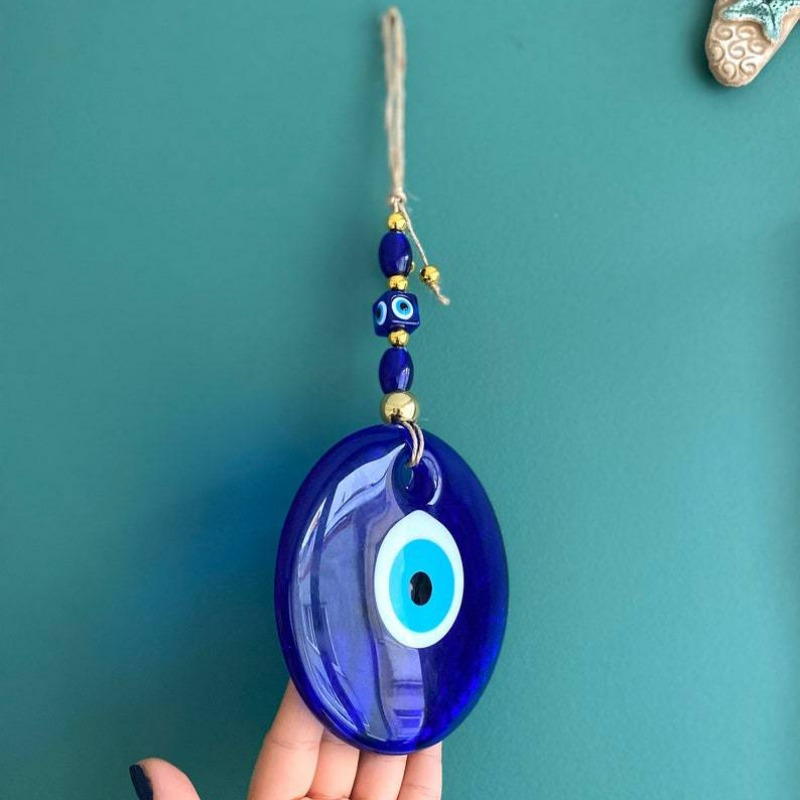 Image of Large Turkish Evil Hanging Decor – Vintage Glass Blue Eye Charm With Beaded , Décor For Living Room Or , House Decor