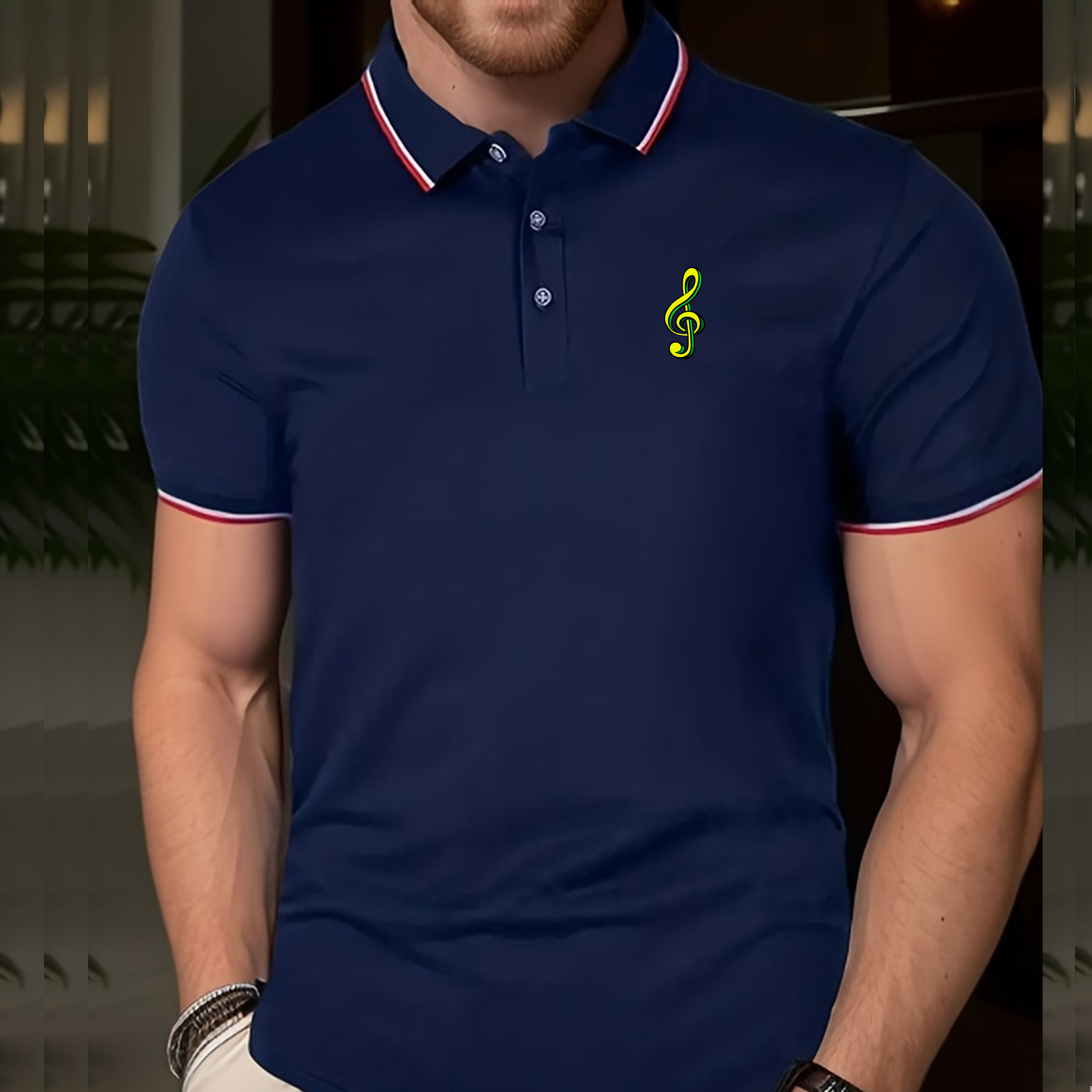

Musical Note Print Men's Short Sleeve Button Up Golf Shirts, Casual Slightly Stretch Comfy Luxury Tops, Men's Clothing