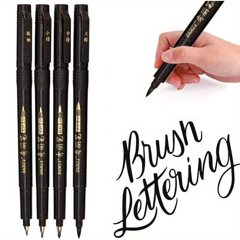 

Ensemble de 4 stylos de calligraphie pour lettrage à la main - Pointe fine et pinceau, encre noire rechargeable, corps ovale ambidextre léger en plastique, idéal pour l'écriture, l'art et le dessin