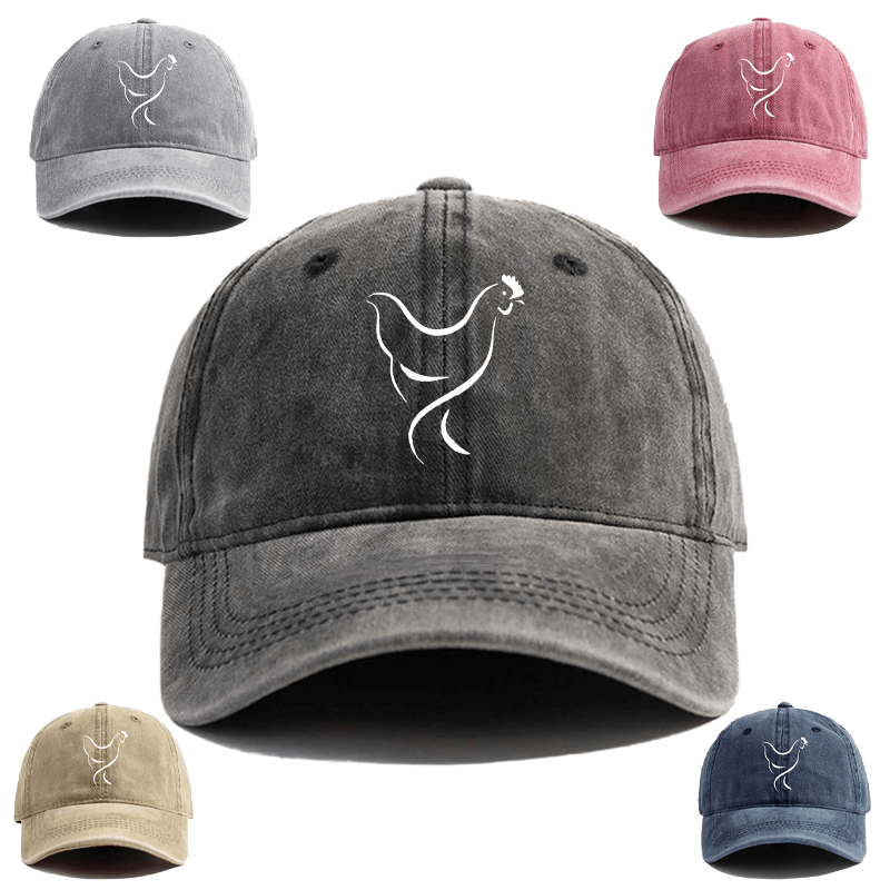 

Vintage Washed Distressed Baseball Cap, Unisex Peaked Hat With Embroidered Chicken Animal Pattern, Dad Cap With Heat Transfer Print Brim, Stylish Personalized Hat