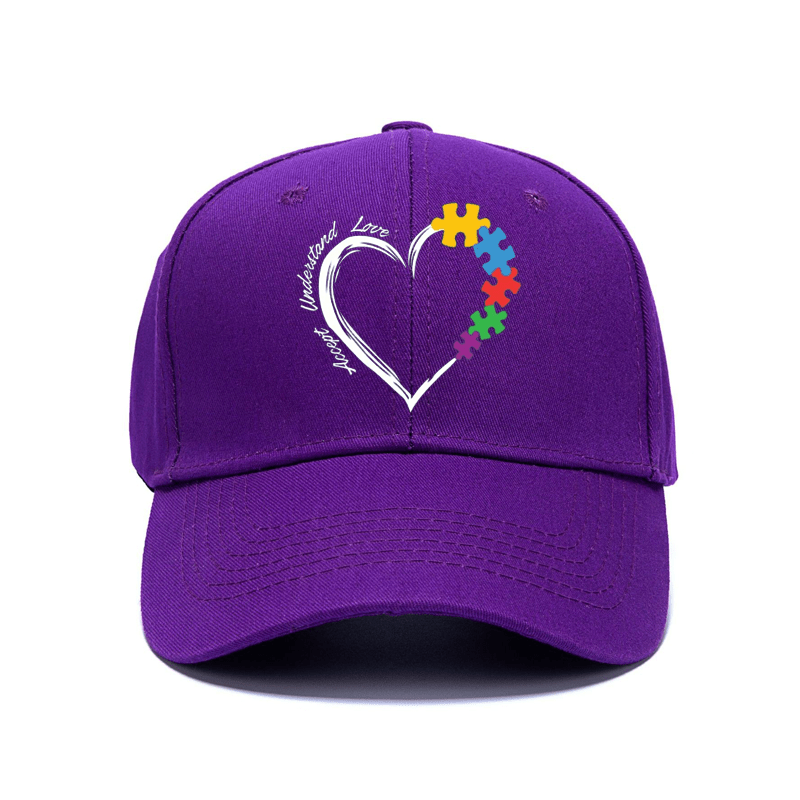 TEMU Unisex Cotton Baseball   With Puzzle Heart Print, Hard Top Duckbill Hat, Adjustable Size Lightweight Cotton Hat For Outdoor Activities