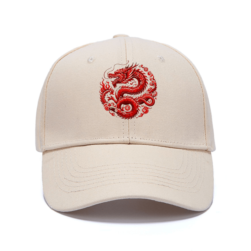 

Cotton Baseball Cap With Embroidered Red Dragon Design, Unisex Adjustable Size Peaked Hats With Hard Brim, Stylish Headwear In Multiple Colors