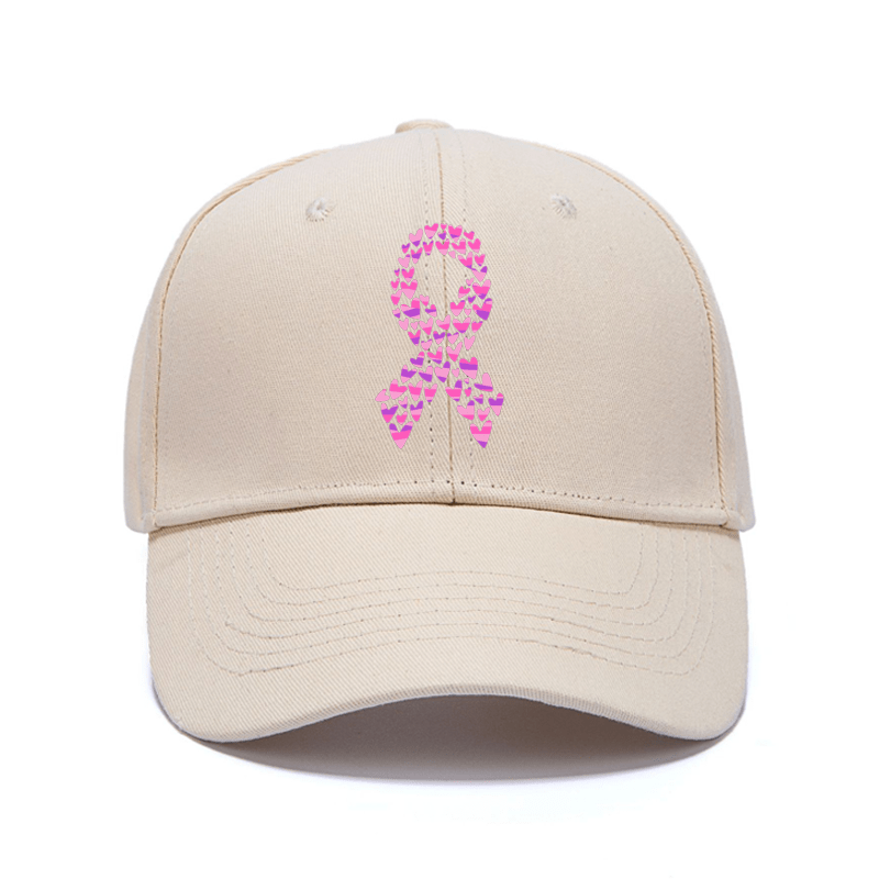 

Cotton Baseball Cap With Pink Ribbon & Heart Pattern Print, Adjustable Size Peaked Hat With Hard Brim, Outdoor Sports Caps