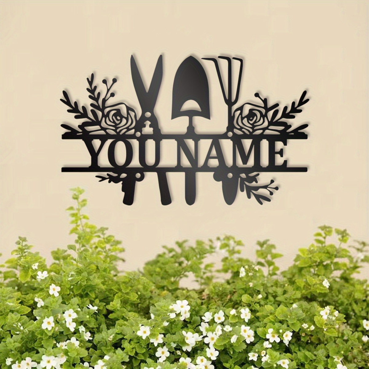 

1pc, Customized Rustic Metal Garden Name Sign, Personalized Garden Wall Art, Outdoor Decorative Plaque, Unique Gift For Gardeners, Durable Yard Decor With Floral Accents