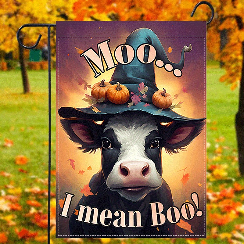 

1pc, Cow Happy Halloween Garden Flag, Moo I Mean Boo! Festival Flag, Fall Porch Sign Double Sided Waterproof Burlap Flag 12x18inch, Home Decor, Outdoor Decor, Yard Decor, Garden Decorations