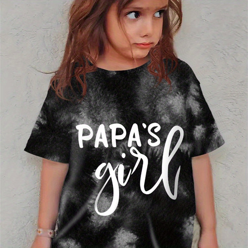 

Papa's Girl Print Short Sleeve Crew Neck T-shirt For Girls, Casual Comfy Tee Versatile Tops Summer Gift, Father's Day Set, Kids' Clothing
