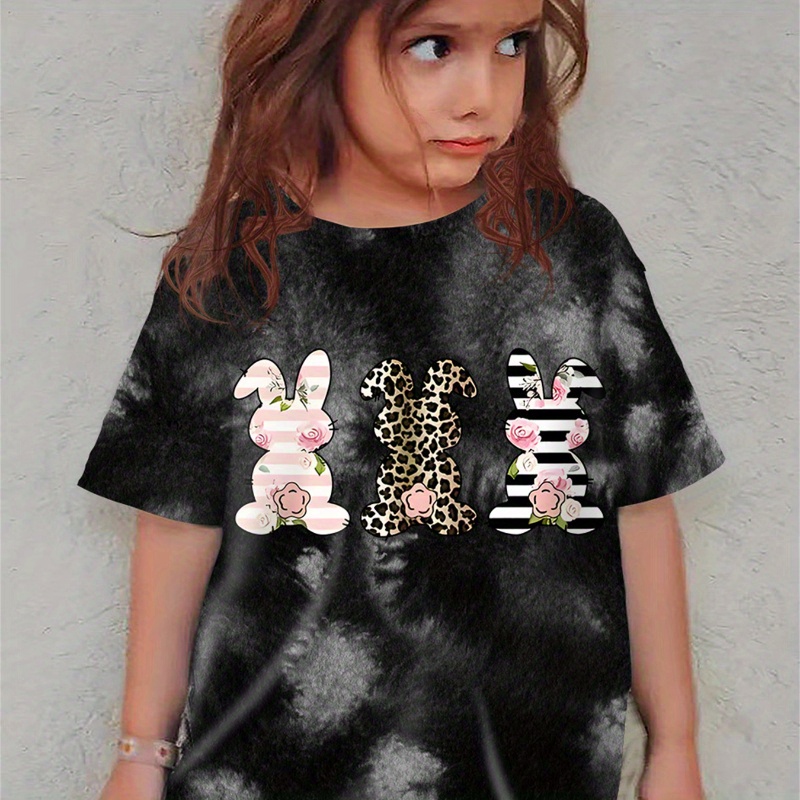 

Girls Cartoon Rabbit & Stripes And Leopard Print Crew Neck T-shirt, Casual Loose Short Sleeve Trendy Summer Tee Comfy Top Easter Clothing