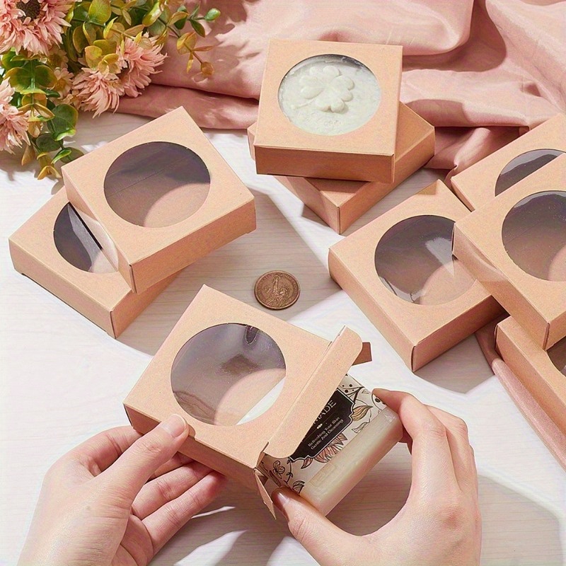 

24pcs Foldable Kraft Paper Box, Square Small Gift Box With Round Clear Window, Paper Gift Packaging Box, For Wedding Party Birthday Anniversary, Burlywood, 3.15x3.15x1.18inch