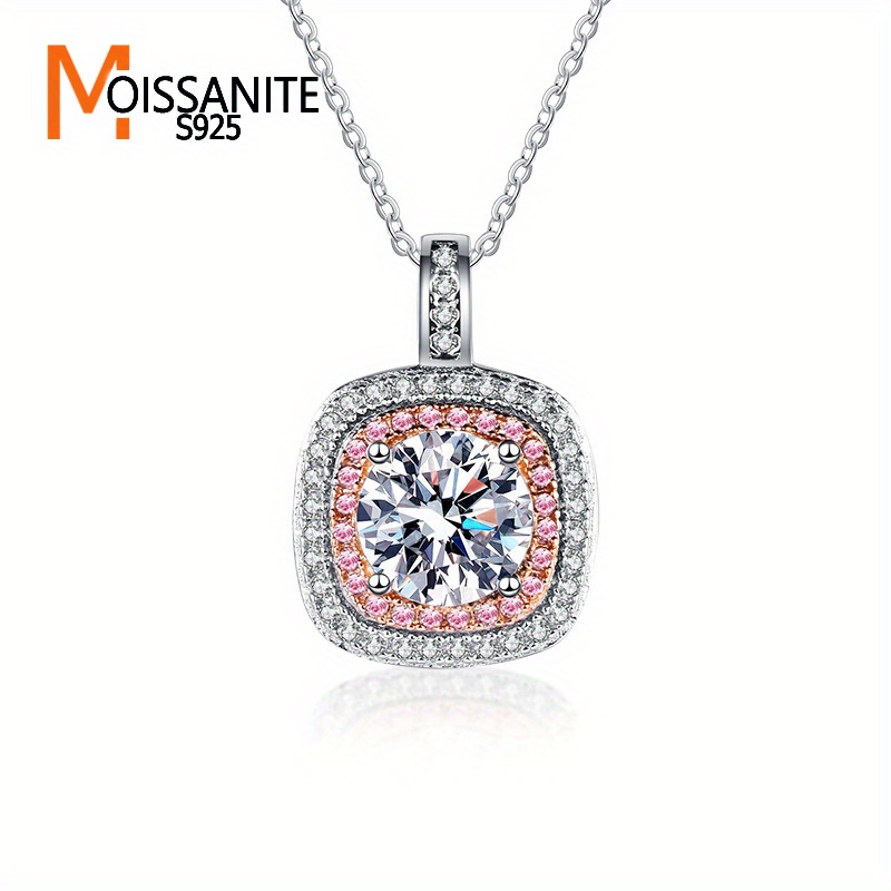 

1ct Moissanite Square Pendant Necklace, 925 Sterling Silver With Pink Accents, Fashion Elegant Couples Jewelry, Chic Gift For Her/him On Anniversary, Valentine's, Mother's Day, With Gift Box