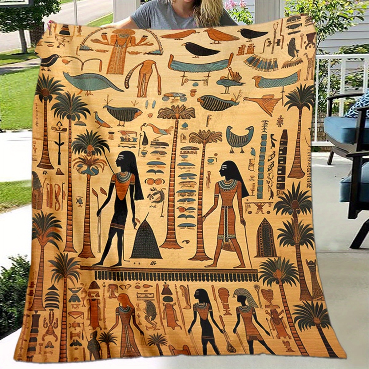 

Egyptian-themed Soft Polyester Flannel Throw Blanket, 100% Polyester, Large Size For Sofa, Chair, Bed, And Picnic, Ancient Egypt Decorative Cover For Living Room And Bedroom