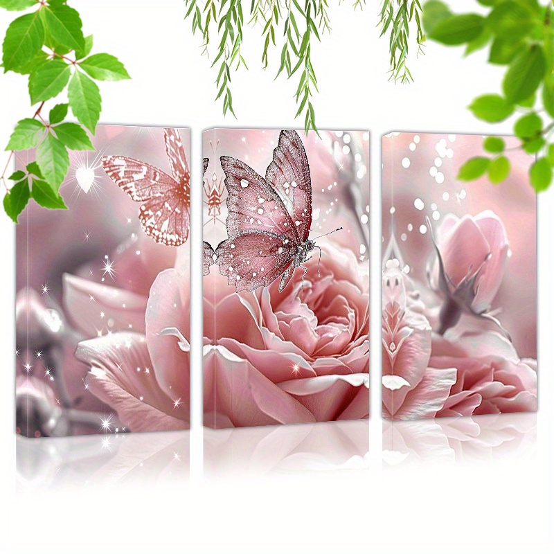 

Framed Set Of 3 Canvas Wall Art Ready To Hang Pink Rose With White Petals And Green Leaves (2) Wall Art Prints Poster Wall Picrtures Decor For Home
