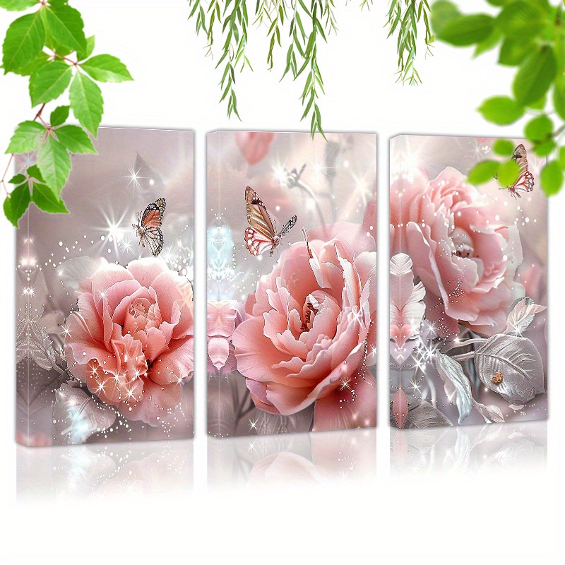 

Framed Set Of 3 Canvas Wall Art Ready To Hang Pink Rose With White Petals And Green Leaves (5) Wall Art Prints Poster Wall Picrtures Decor For Home