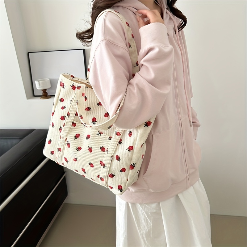 

Large Capacity Corduroy Handbag For Women, Elegant Shoulder Tote With Printed Strawberry Design, Fashionable Daily Carry Bag