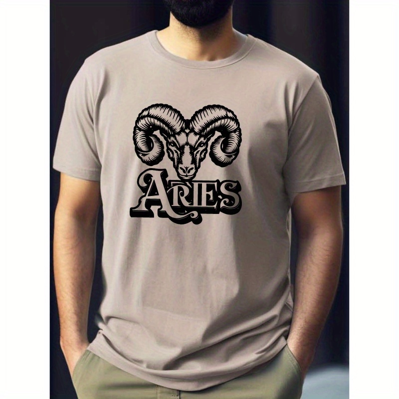 

Men's Versatile Short Sleeve T-shirt, Stylish And Causal Round Neck Tee With Vintage Aries Print, Summer & Spring Trendy Top For Daily Wear