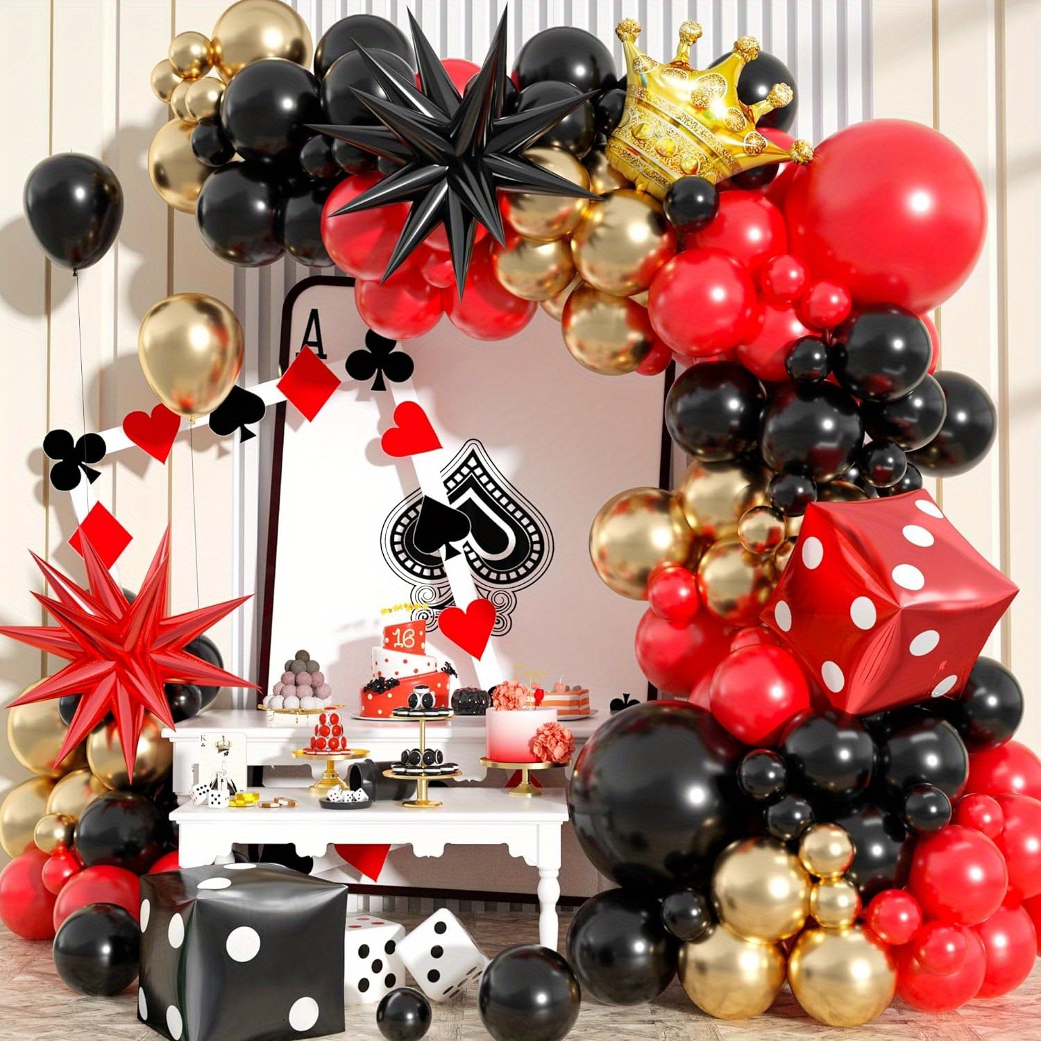 

112pcs Dice & Star Themed Party Arch Balloons Set - Red, Black, Bronze - Round Aluminum Film & Emulsion Balloons For Birthday, Celebration, Event Decor - No Electricity Needed