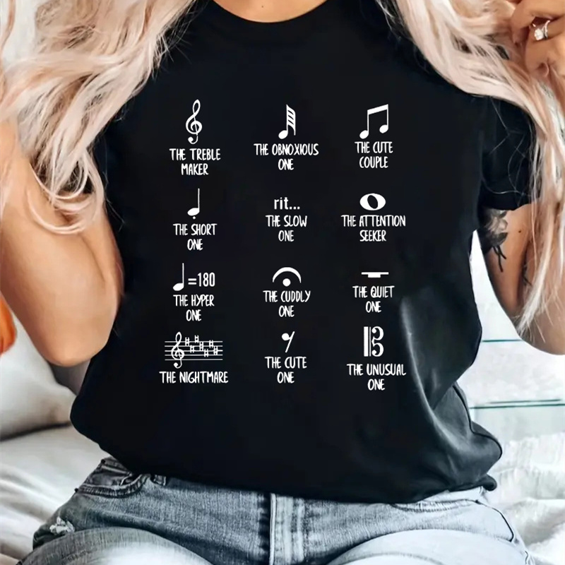 

Women's Slim-fit Summer T-shirt With Music Symbols And English Print, Casual Style, Short Sleeve, Round Neck