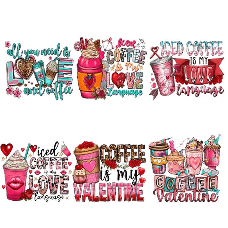 

9-pack Coffee-themed Heat Transfer Patches, Polyester Iron-on Appliques For T-shirts, Sweatshirts, , Diy Fashion - Mixed Colors, Love & Valentine's Day Designs