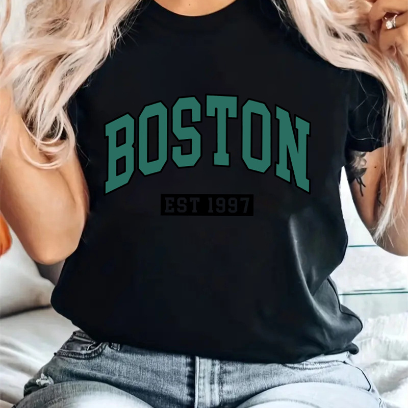 

Boston Lettering Pattern Crew Neck T-shirt, Casual Short Sleeve T-shirt, Women's Clothing