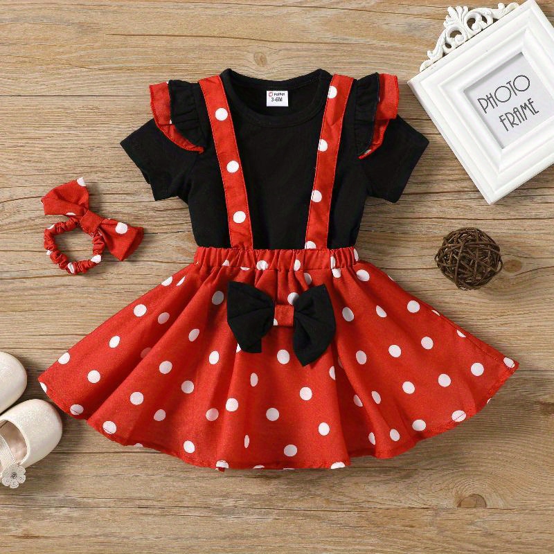 

Patpat 2pcs Baby Girl Cotton Ruffle Short-sleeve Top And Bow Front Polka Dot Suspender Skirt & Headband Set