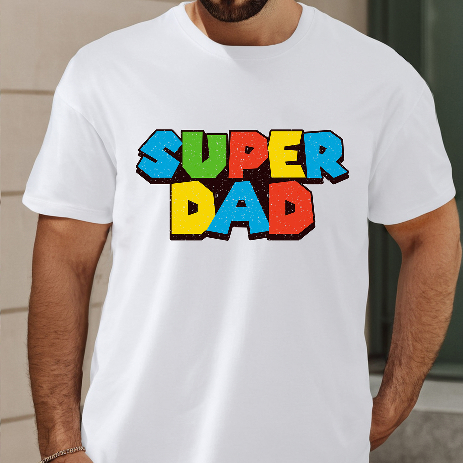 

Super Dad Print, Men's Round Crew Neck Short Sleeve, Simple Style Tee Fashion Regular Fit T-shirt, Casual Comfy Breathable Top For Spring Summer Holiday Leisure Vacation Men's Clothing As Gift