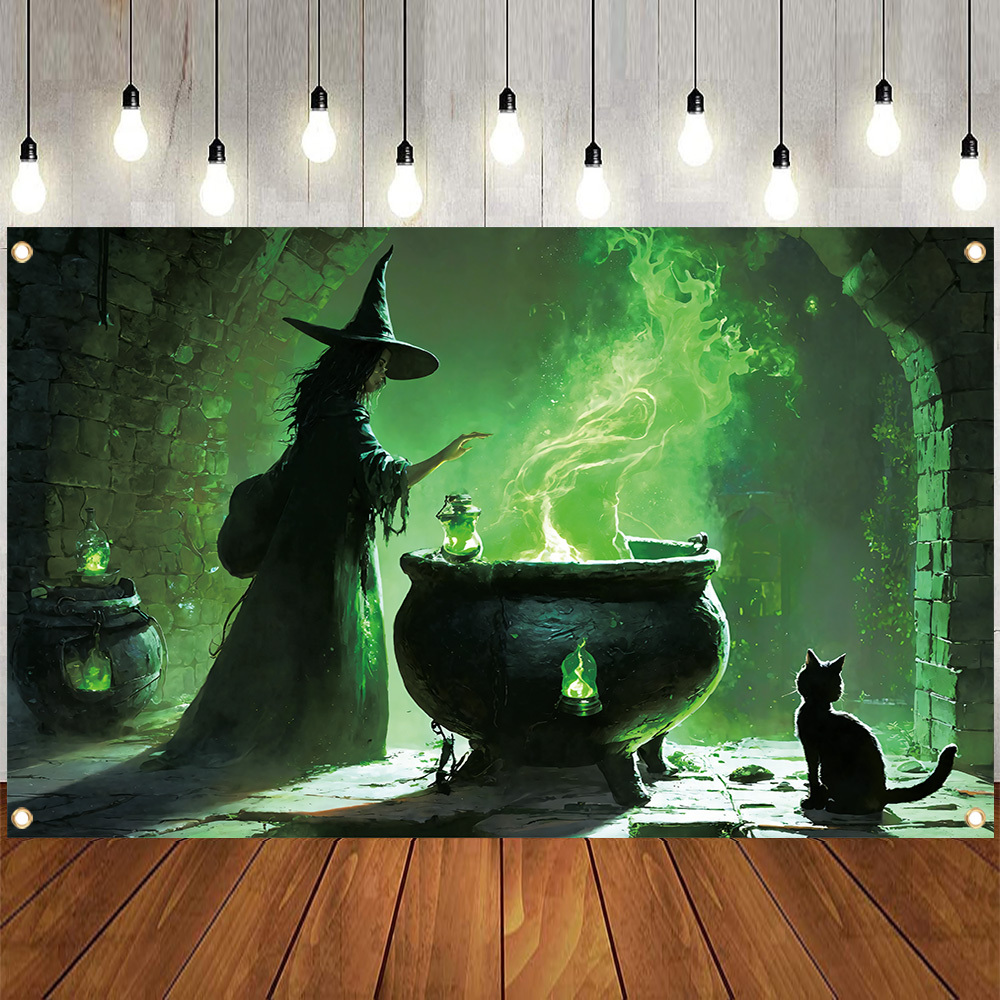 

1pc, Halloween Banner Polyester, Witch Magic Lab Black Cat Horror Photography Backdrop, Halloween Night Spooky Party Photo Booth Supplies, Home Wall Room Decor, 4 Corners Drilled For Easy Hanging