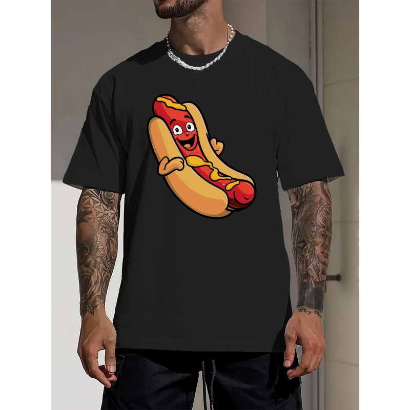 

Hot Dog Print, Men's Round Crew Neck Short Sleeve, Simple Style Tee Fashion Regular Fit T-shirt, Casual Comfy Breathable Top For Spring Summer Holiday Leisure Vacation Men's Clothing As Gift