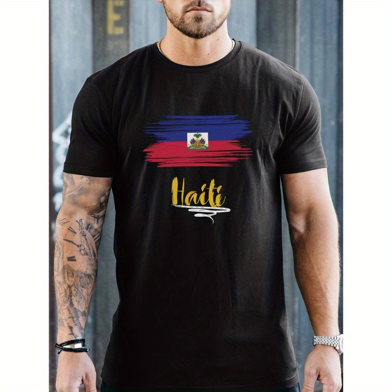 

1pc Flag Print Men's T-shirt, Casual Round Neck Short Sleeve, Polyester Knit Tee, Regular Fit Top For All