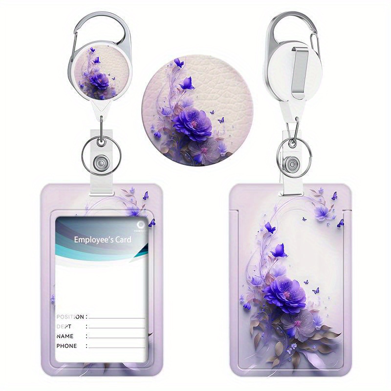 

Elegant Purple Floral & Butterfly Retractable Badge Holder - Easy-pull Id And Organizer For Nurses, Teachers, Office Staff