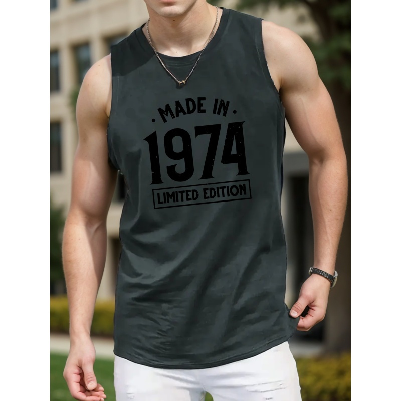 

Made In 1974 Limited Edition Simple Print Men's Tank Top, Casual Sleeveless Athletic Tank Top, Breathable Comfy Tops For Daily Wear And Outdoor Wear