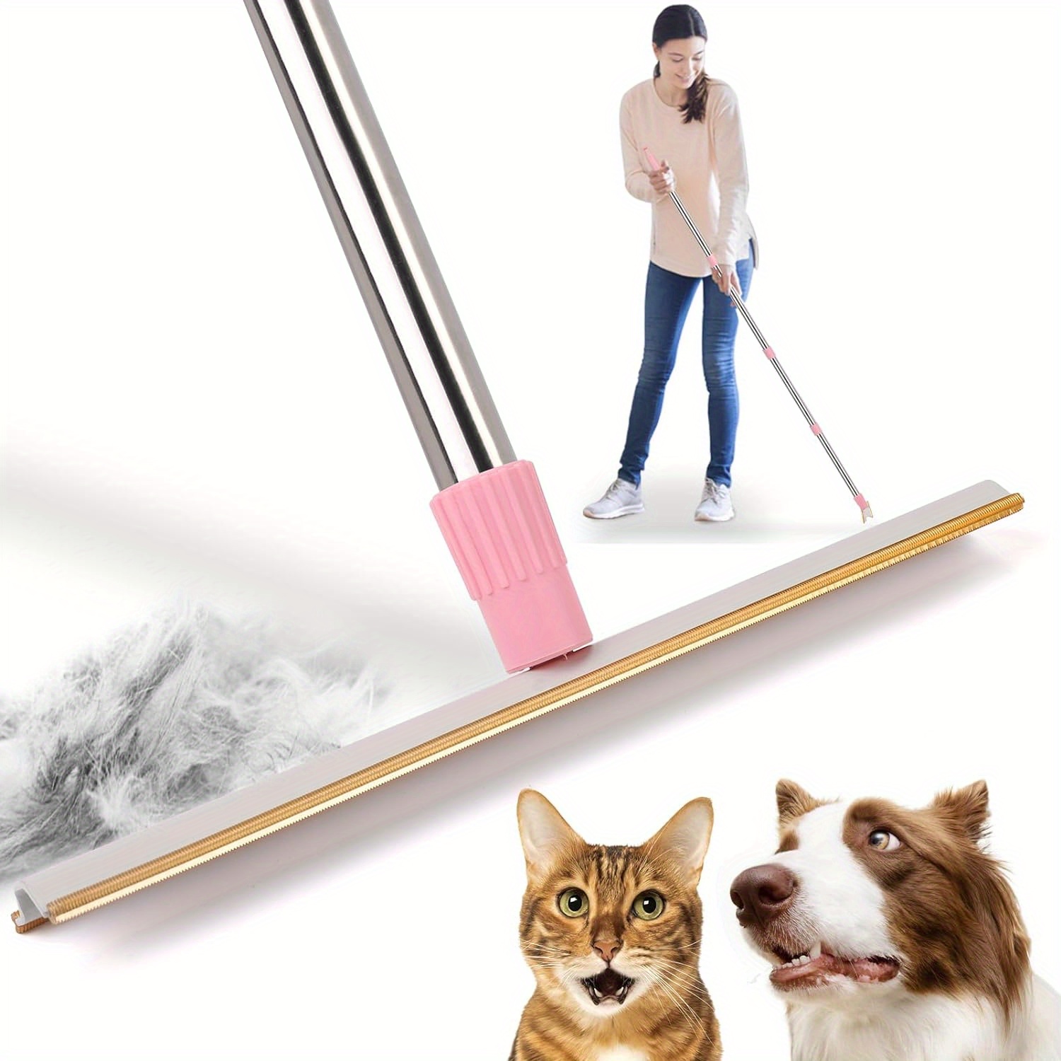 

60" Stainless Steel Pet Hair Remover Rake With 4 Adjustable Heights - Ideal For Cats & Dogs, Perfect For Carpets, Rugs, Mats, And Couches