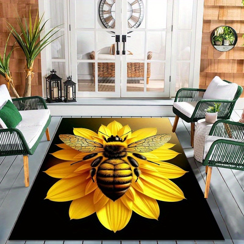 

Bee & Chrysanthemum Themed Soft Velvet Carpet - Washable, Perfect For Living Room, Bedroom, Outdoor Patio | 800gsm, Large Size Available