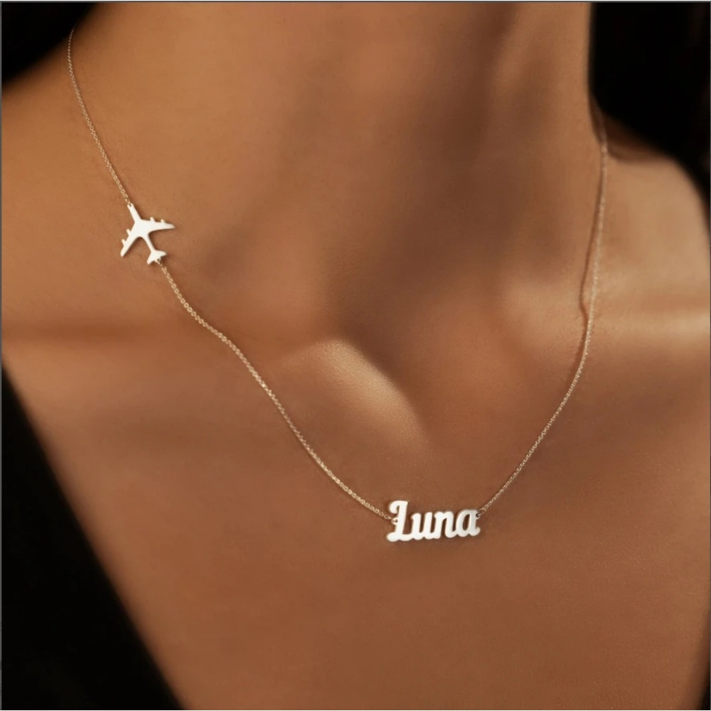 

Personalized Airplane Filled Lateral Flat Pendant Necklace - Perfect Mother's Day Gift For Mom, Wife, Or Grandma