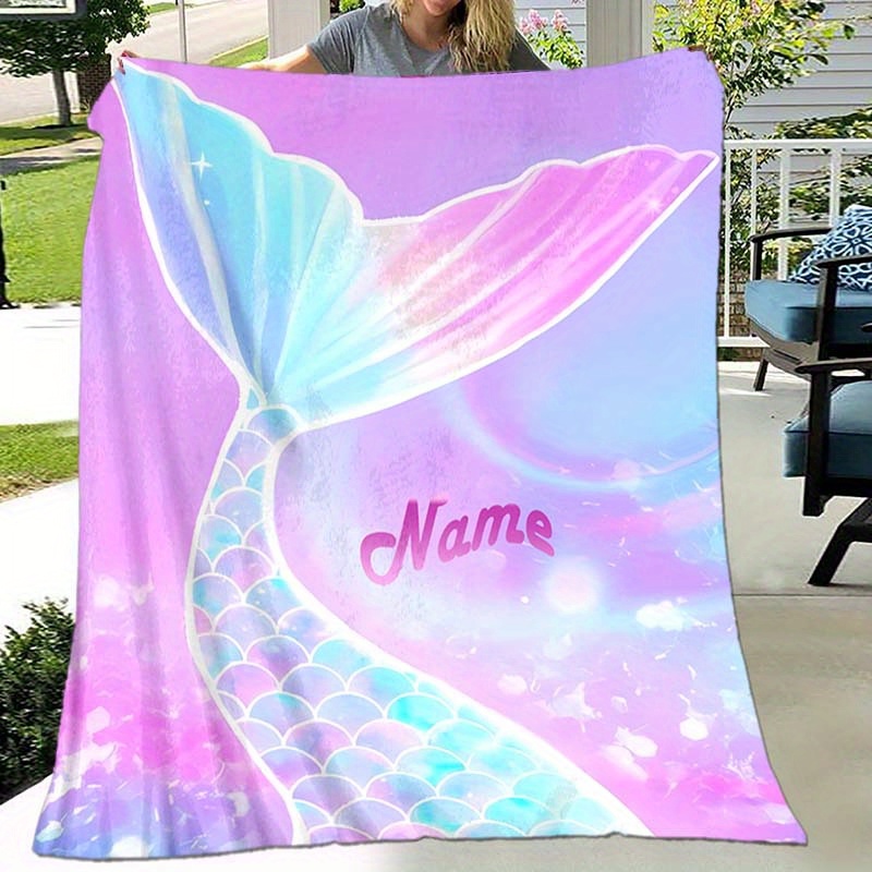 

1pc Custom Your Name Blanket, Personalized Mermaid Pattern Text Blanket, Outdoor Travel Leisure 4 Seasons Nap Blanket, For Anniversary Gift