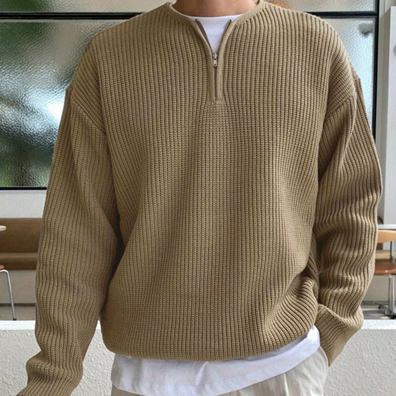 

Men's Loose Solid Striped Knitted Sweater, Casual Long Sleeve Half Zipper Top For Fall Winter