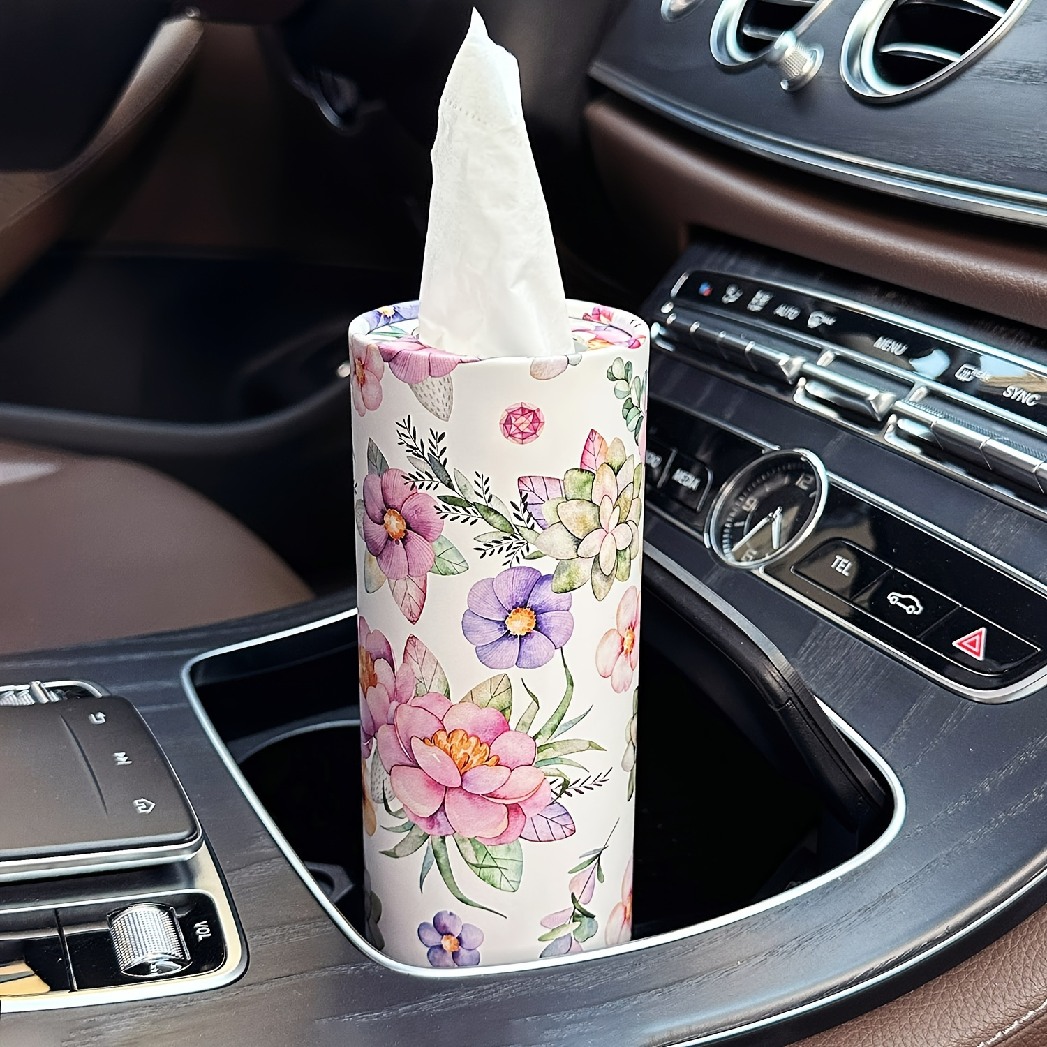 

Chic White Floral Car Holder With Facial Tissues - Round Cylinder For Cup Holders, Home & Travel