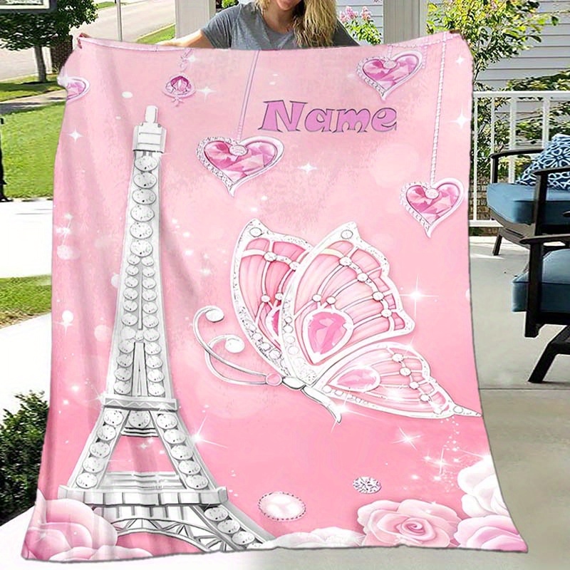 

1pc Custom Your Name Blanket, Personalized Eiffel Tower Pattern Text Blanket, Outdoor Travel Leisure 4 Seasons Nap Blanket, For Anniversary Gift
