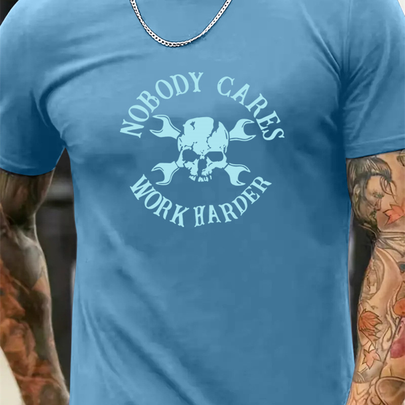 

Nobody Cares Work Harder Alphabet Print Crew Neck Short Sleeve T-shirt For Men, Casual Summer T-shirt For Daily Wear And Vacation Resorts