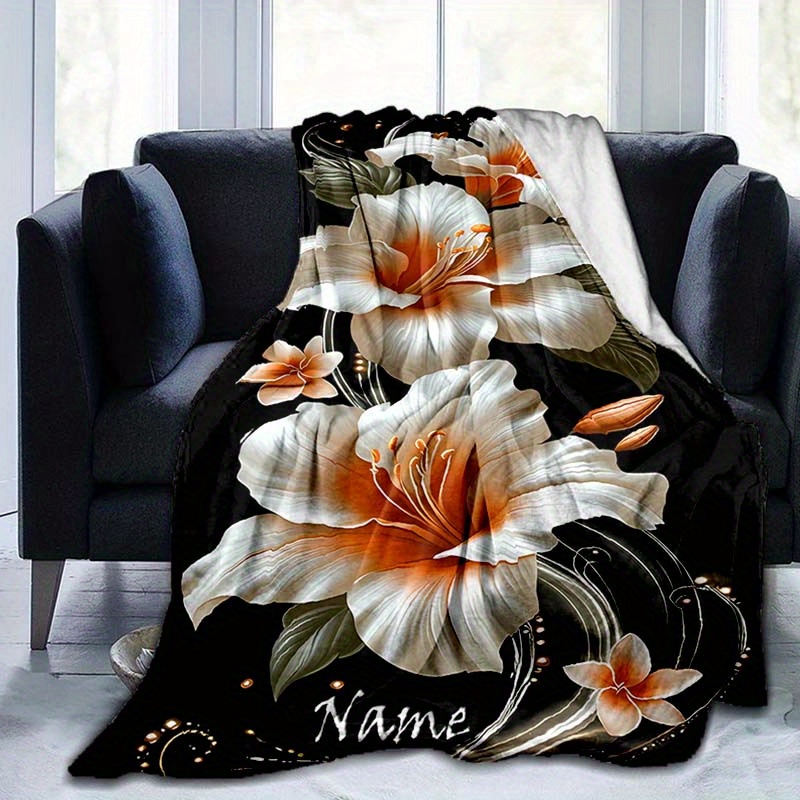 

1pc Custom Name Blanket, Personalized Lily Flower Pattern Text Blanket, Outdoor Travel Leisure 4 Seasons Nap Blanket, For Anniversary Gift